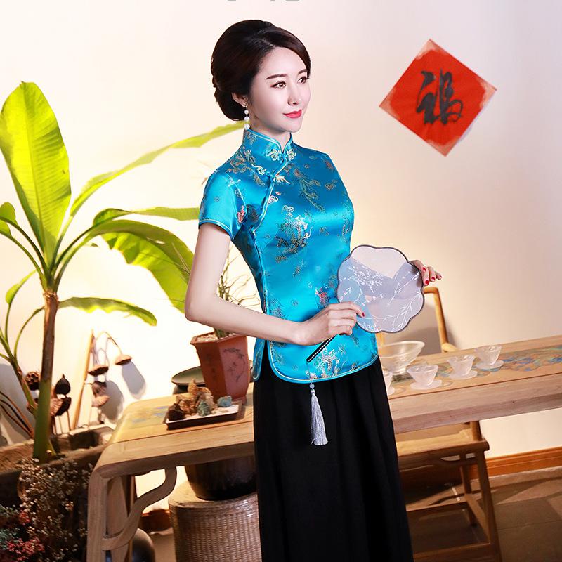 Damen Satinhemd Plus Bluse Chinesischer Stil Tang Kleidung Satinhemd Oberteile Knopfleiste Qipao Damen Hochzeitskleidung