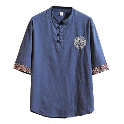 FJLTDCP Summer Half Japanese Plus Loose Solid Top BLUE Men's Japanese-Style T-Shirt, Sleeves, Haori, Style, Embroidered, Sizes, Casual, Fit, Stylish,
