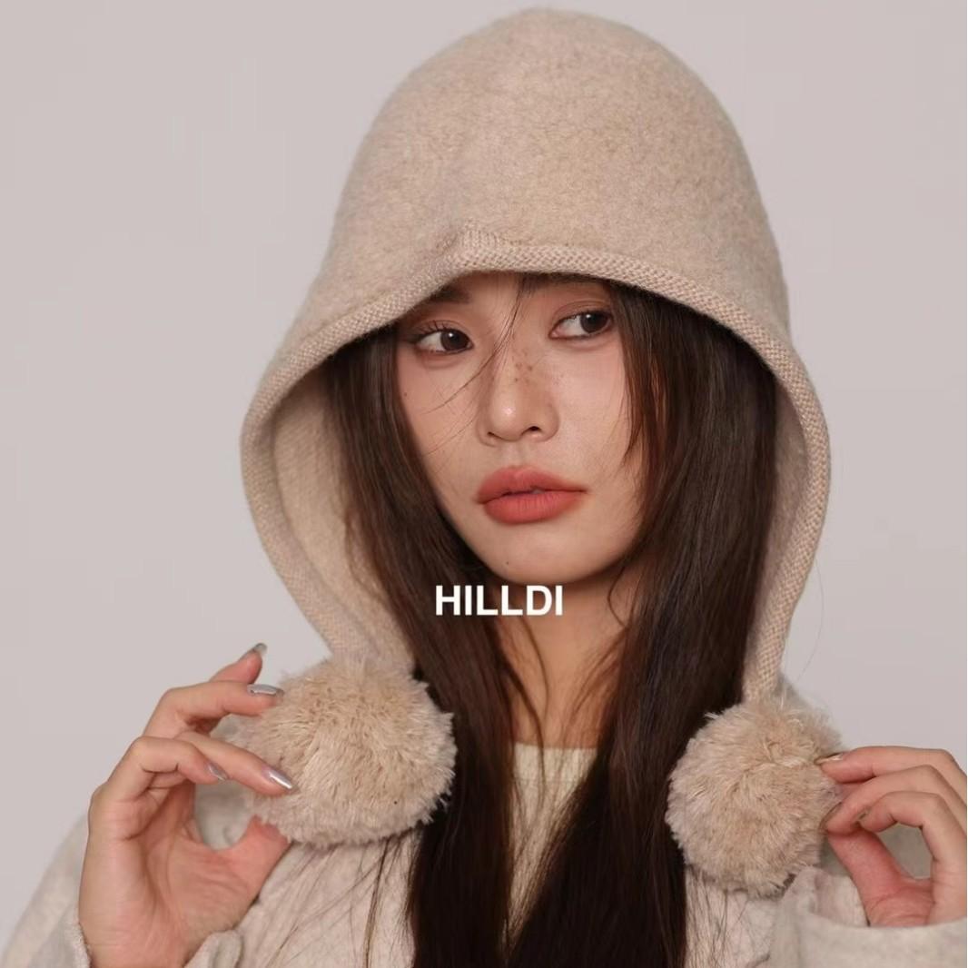 

New all-wool loli hat women s autumn and winter warm ear protection fashion double hanging ball college style pullover hat M（56-58cm） бежевый