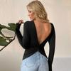 Frühling und Sommer sexy rückenfreier Rundhals-Pullover Temperament figurbetontes langes Ärmel-T-Shirt Basistop