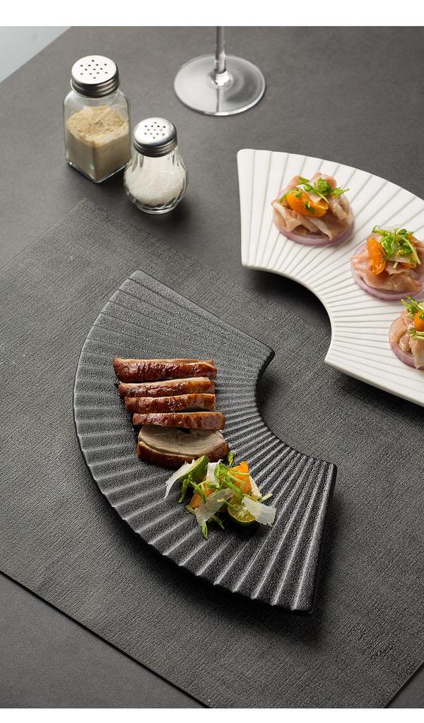 Fan-Shaped Striped Japanese Tableware: Irregular Sushi & Dessert Plate for Home or Hotel.