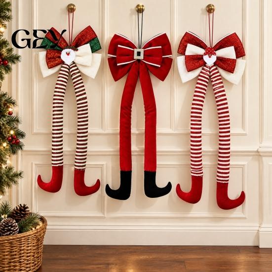 Winter Holiday Home Decoration Christmas Long Legs Bow Ornament, Plush Velvet Hanging Decor with Bendable Soft Ornaments for Xmas Tree Legs, Red White