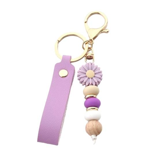 Aesthetic Key Ring Silicone Flower Keychain with Faux Leather Wristlet, Car Lanyard Pendant, Handbag Backpack Charm Wood Beads Bead Wristlet