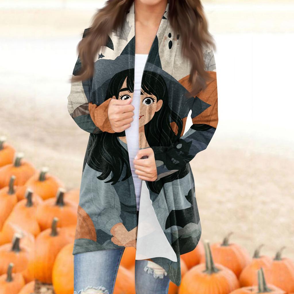 Women's Fashion Casual Halloween Printed Mid-Length Irregular Hem Cardigan Jacket