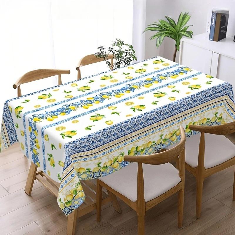 1pc Rectangular Tablecloth White Blue Yellow Lemon Print Table Cover For Kitchen Dining Room Decorative Dustproof Oilproof