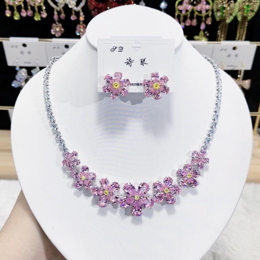 Colar Brincos Florais Rosa Tendência Para Mulheres Noivado Moda Conjunto de Joias Gargantilhas de Casamento Acessórios de Festa Presentes