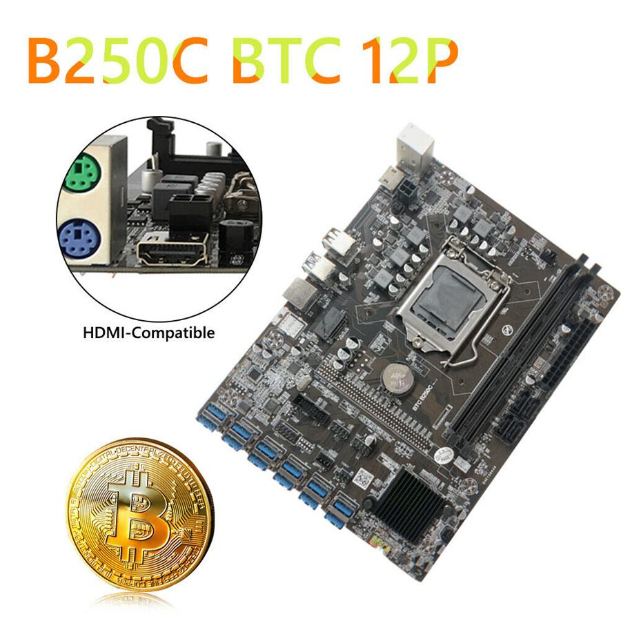 B250C Mining Motherboard with 12 PCIE Slots, Converted To USB 3.0 for GPU, LGA1151 GEN6 / 7, for Ddr4