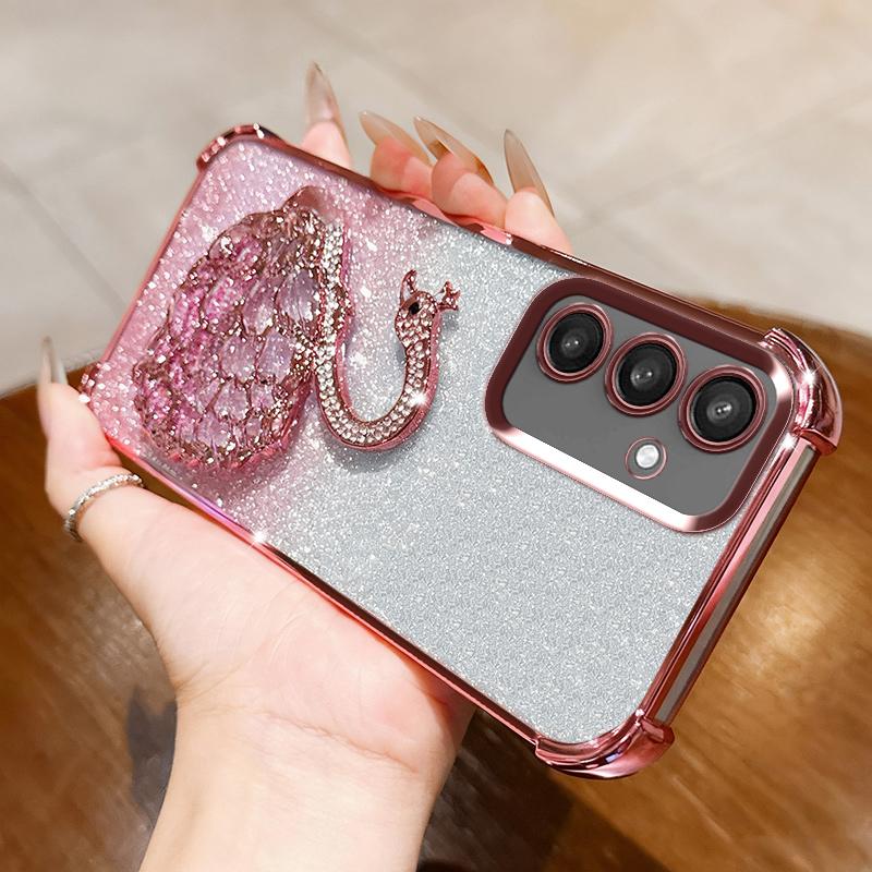 KEYSION Shockproof Plating TPU Phone Case for Samsung S24 S25 Ultra S25+ Glitter Jewelled Swan kickstand Cover for Galaxy S24 S25 FE 5G