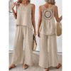 Women's Spring and Summer Solid Color Hollow Lace Two-piece Casual Vest, Wide-leg Pants, Trousers, European and American Style