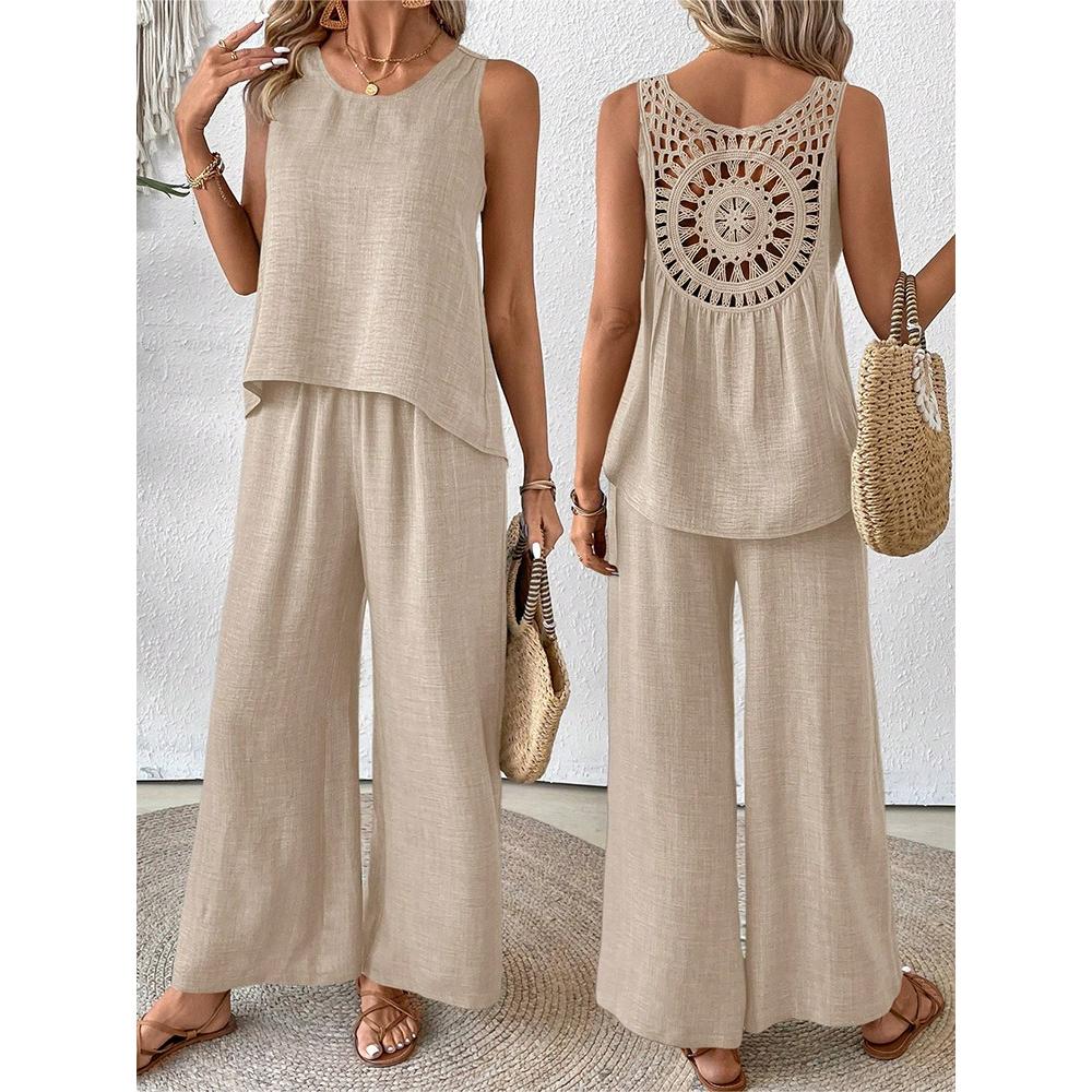 Women's Spring and Summer Solid Color Hollow Lace Two-piece Casual Vest, Wide-leg Pants, Trousers, European and American Style