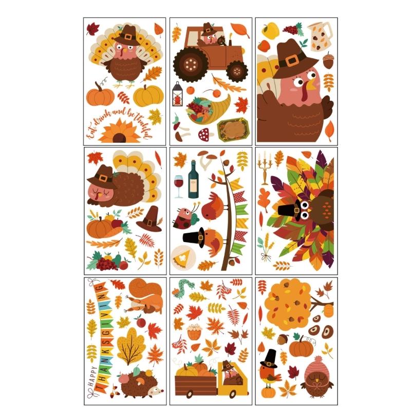 9 Sheets Thanksgiving Day Adhesive Electrostatic Stickers Decorations Decal Maple Leaf Larch Fruits Party Supplies