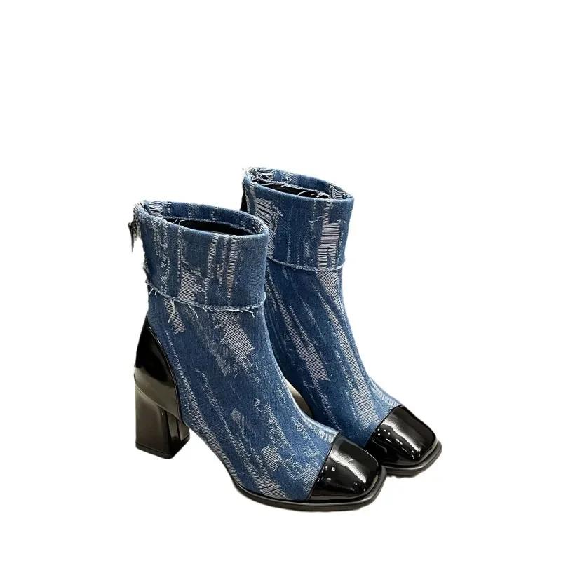 Women's Boots Canvas High-heel Short Boots Autumn Winter  Non Slip Patchwork Zipper Square Toe Windproof Fashion Boots