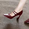 2025 New Fashion Double Buckle Strap Women Pumps Sexy Black Patent Leather Pointed Toe Wedges High Heels Party Dress Shoes