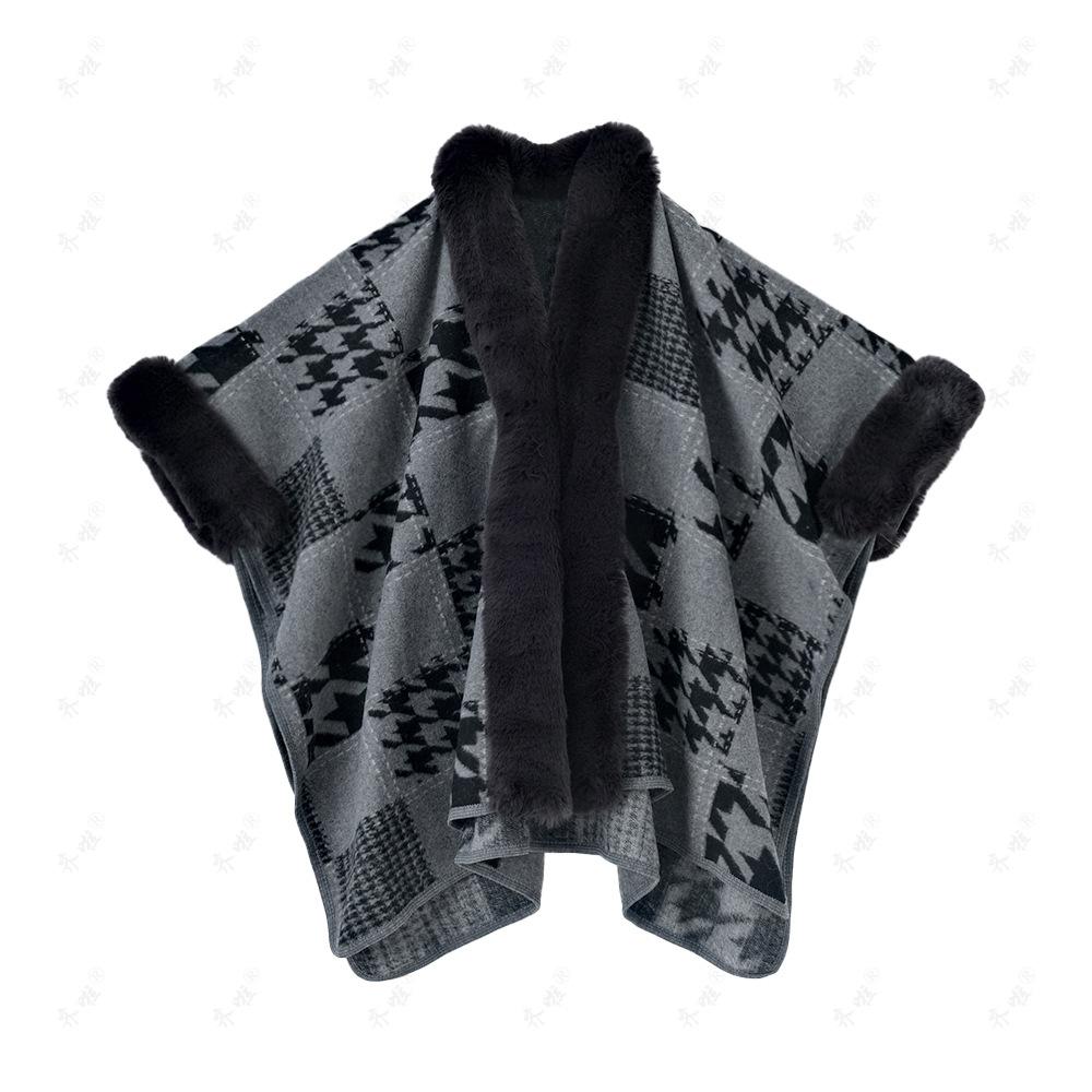 

DX осень и зима международная торговля Thousand Bird сетка длинный меховой воротник накидка шаль женский разрез вилка с утолщенным теплым шерстяным пальто кардиган One Size серый