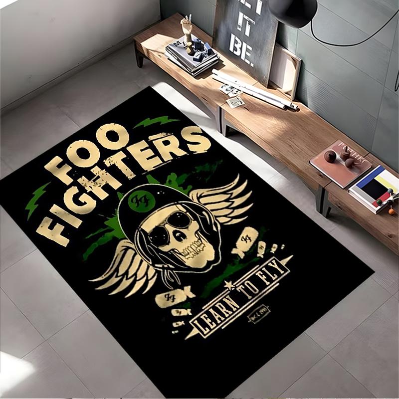 Rock Band Area Rug, Foo Fighters Learn to Fly Skull Helmet Wings Print, Music Studio Man Cave Decor, Non-Slip Carpet