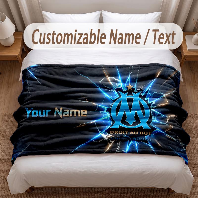 Olympique Marseille FC Printed Flannel Blanket Custom Name Text Soft Warm Throw For Bedroom Holiday Gift