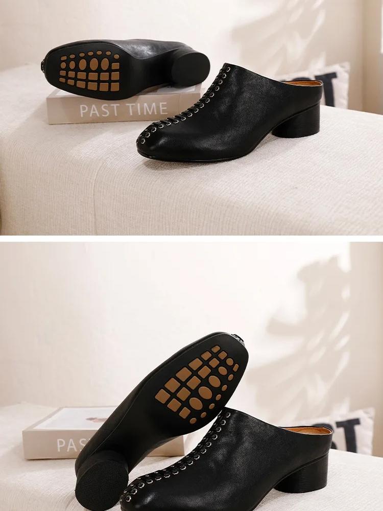 Johnature Ciabatte Moda in Vera Pelle con Tacco Grosso Punta Tonda Comode Suola Morbida Scarpe Slip-on da Donna