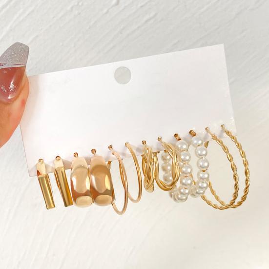 Yousheng 6 Pairs Women Hoop Earrings Simple Geometric C-shaped Twisted Faux Pearl Assorted Earrings Fashion Accessories Gift
