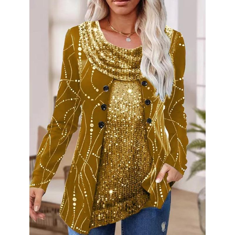 Nezávislá stanice Flitrovaná patchworková potištěná spuštěná límcová dámská halenka s dlouhým rukávem ve stylu falešného dvoudílného topu