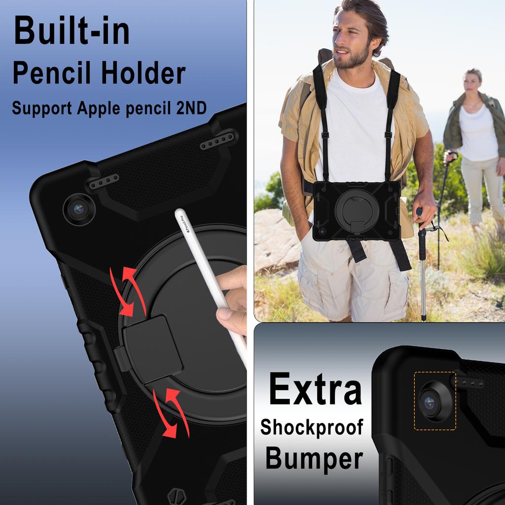 Hybrid Stand Case for Samsung Galaxy Tab A8 10.5 SM-X200 X205 X207 Armor Cover With Rotating Portable Handle Grip Shoulder Strap