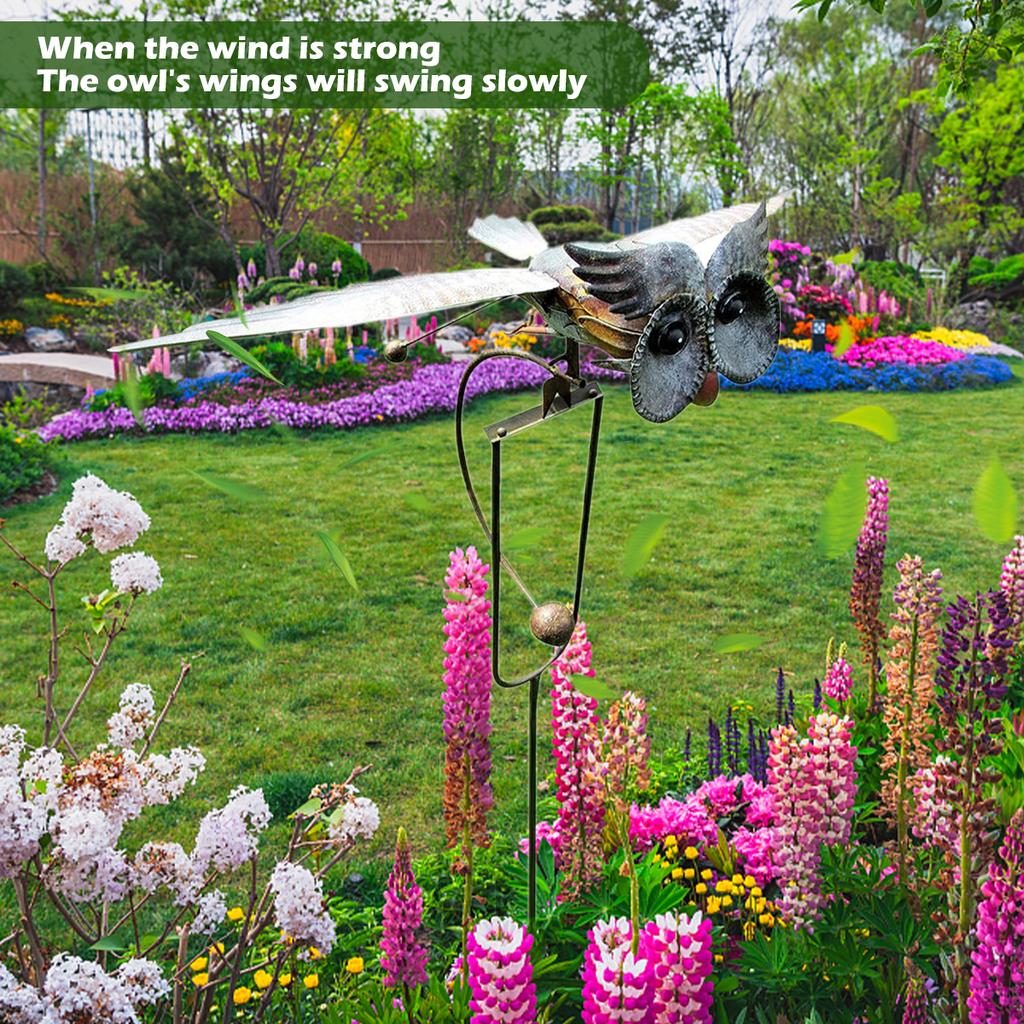 Owl Wind Chime Iron Wing Flapping Eagle Wind Sway Spinner Life-Like Weather Resistant Sunflower Garden Stake Decoration