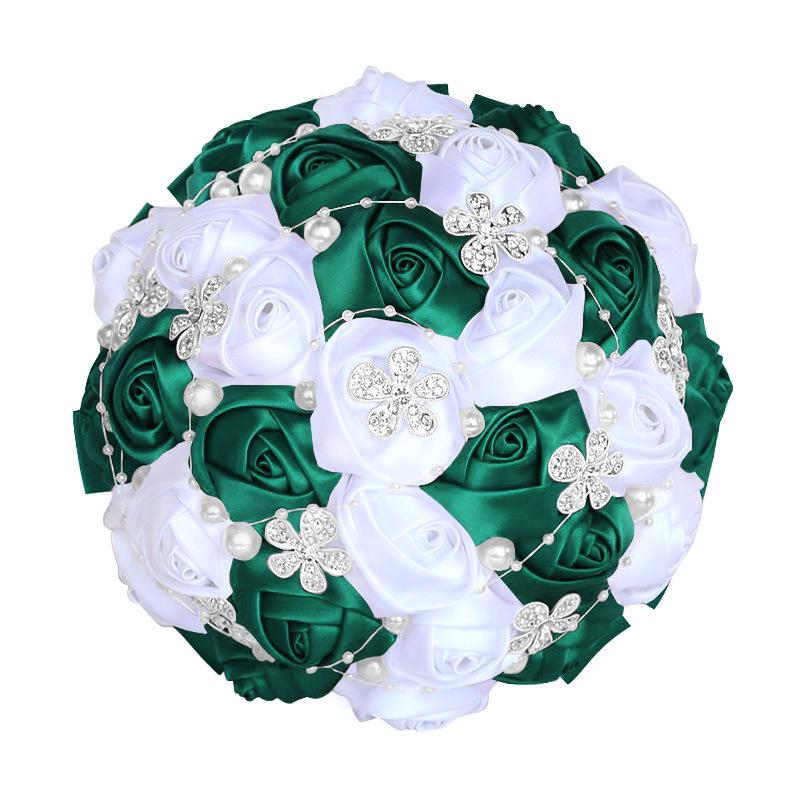 European & American Elegant Ribbon Flower Bridal Bouquet – Beaded Five-Flower Design