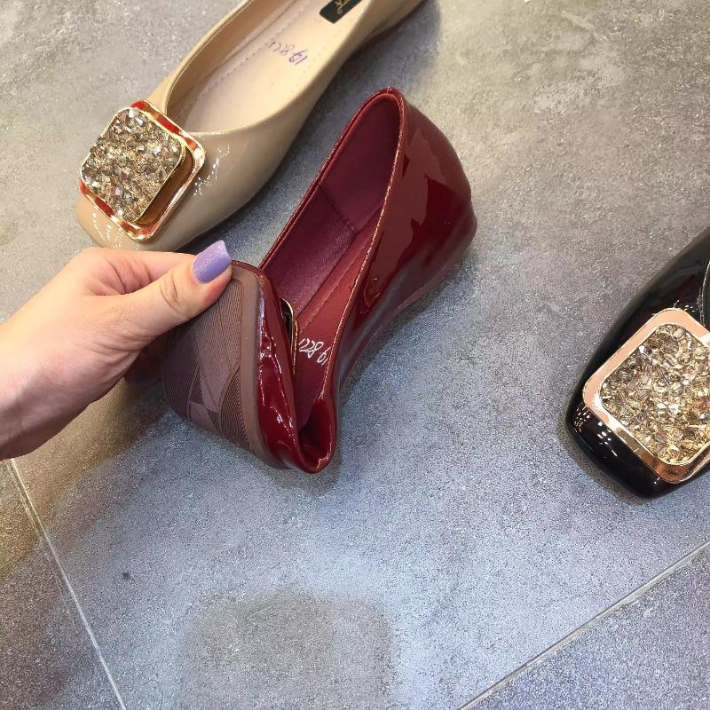Fashion Flat Shoes for Women 2025 Spring and Autumn New Square Toe Patent Leather Rhinestone Ladies Shoes Women's Plus Size 42 43 44