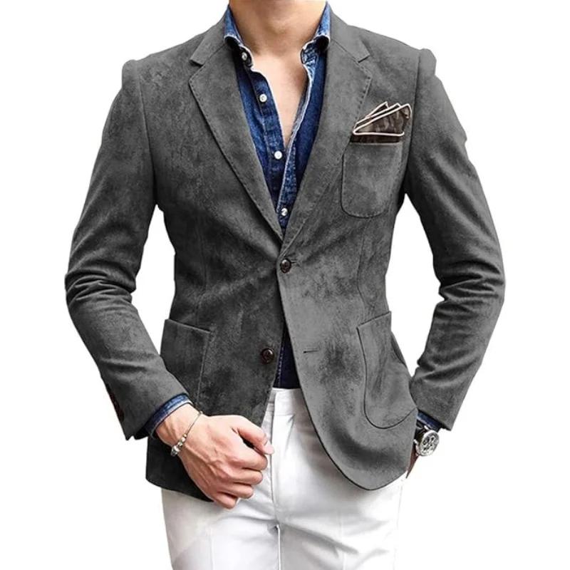 

Spring Autumn Men s Suit Jacket Single-Breasted Suede Thin Coat Casual Blazers Street Outerwear Male Clothing M сірий