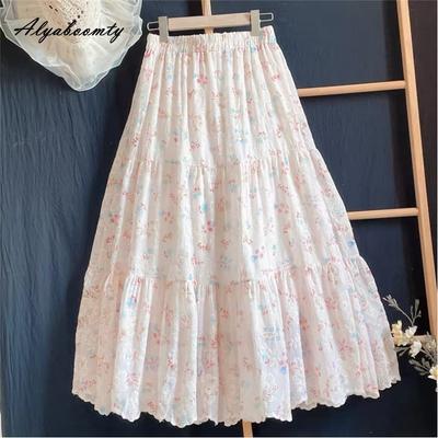 Japanischer Mori Girl Frühling Sommer Damen Maxilanger Rock Hoher Bund Blumenstickerei Rock Süße Rüschen Feminine Mehrlagige Röcke