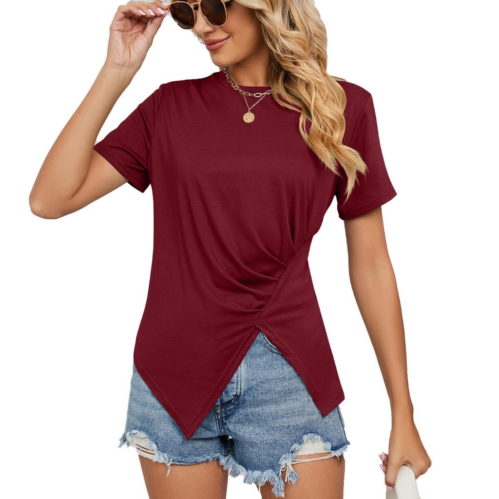Summer Solid Color Loose Crew Neck Ruched Women's T-shirt Top for Amazon European American Cross-border Foreign Trade