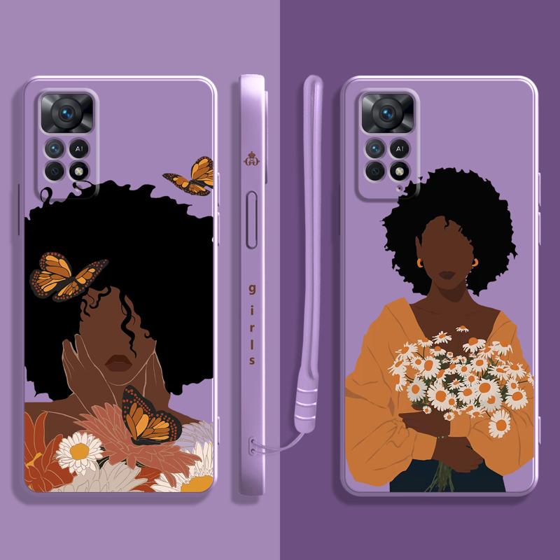 Hübsches afrikanisches Mädchen Gänseblümchen Blume Schmetterling Flüssighülle für Xiaomi Redmi Note 11 11t 9 9s 8 10 Pro für Redmi 8 9t 9a 9c 10c Abdeckung