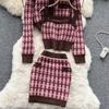 Süßes Mädchen Elegantes gestricktes 3-teiliges Set für Frauen Kurze Strickjacke Niedliche Weste Minirock Weiblicher Vintage Hohe Taille Plaid Partyanzug