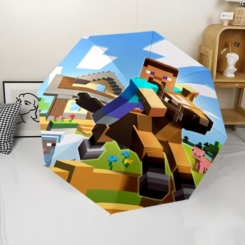 Minecraft5 Print Automatic Umbrella, 8 Rib Iron Frame, Plastic Handle, Suitable for Outdoor Travel &Daily , Ideal Gift
