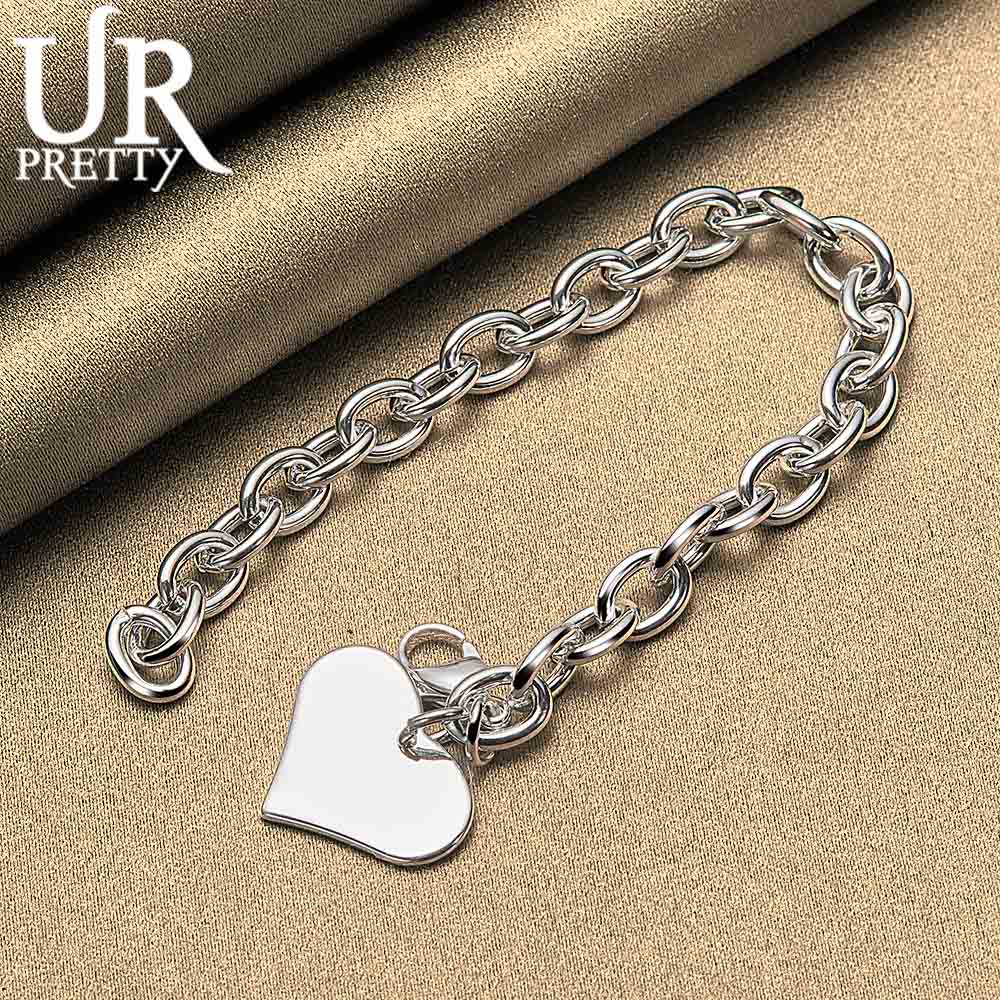 925 Sterling Silver Smooth Heart-shaped Pendant with Lobster Clasp Bracelet Fashionable Wedding Jewelry