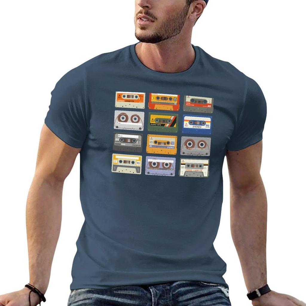 Retro Cassette Tapes Black Background Tshirt Vintage Print Crew Neck Tee