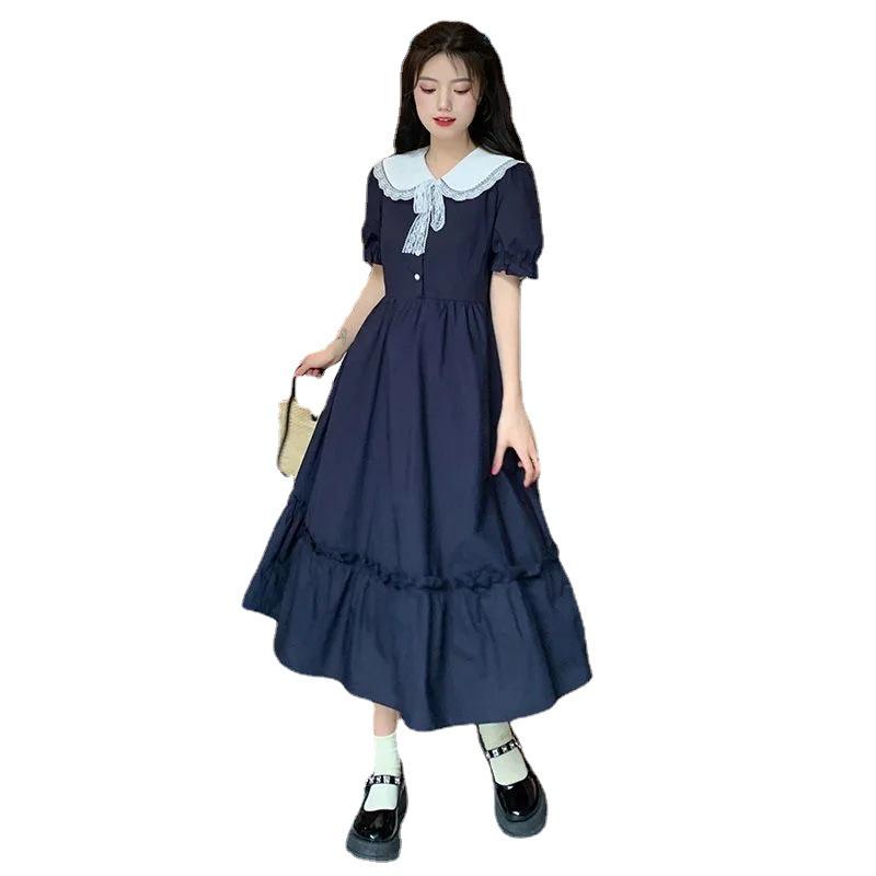 Junior High Girls' College Style Knee-Length Summer Dress with Doll Collar (Ages 12-15)