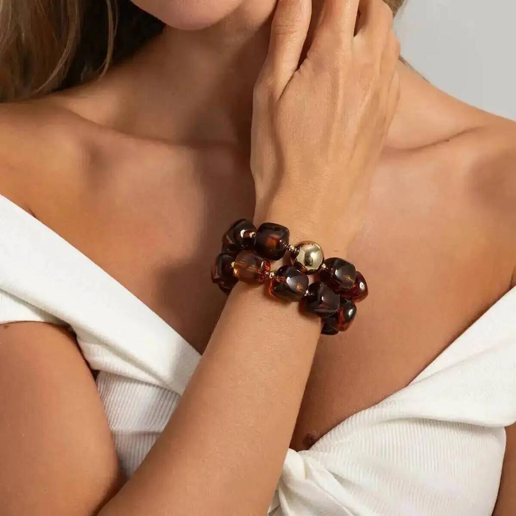SHIXIN Exaggerated Geometric Colorful Beaded Acrylic Elastic Bracelets Women Boho Trendy Square Beads Stack Bangle Retro Jewelry