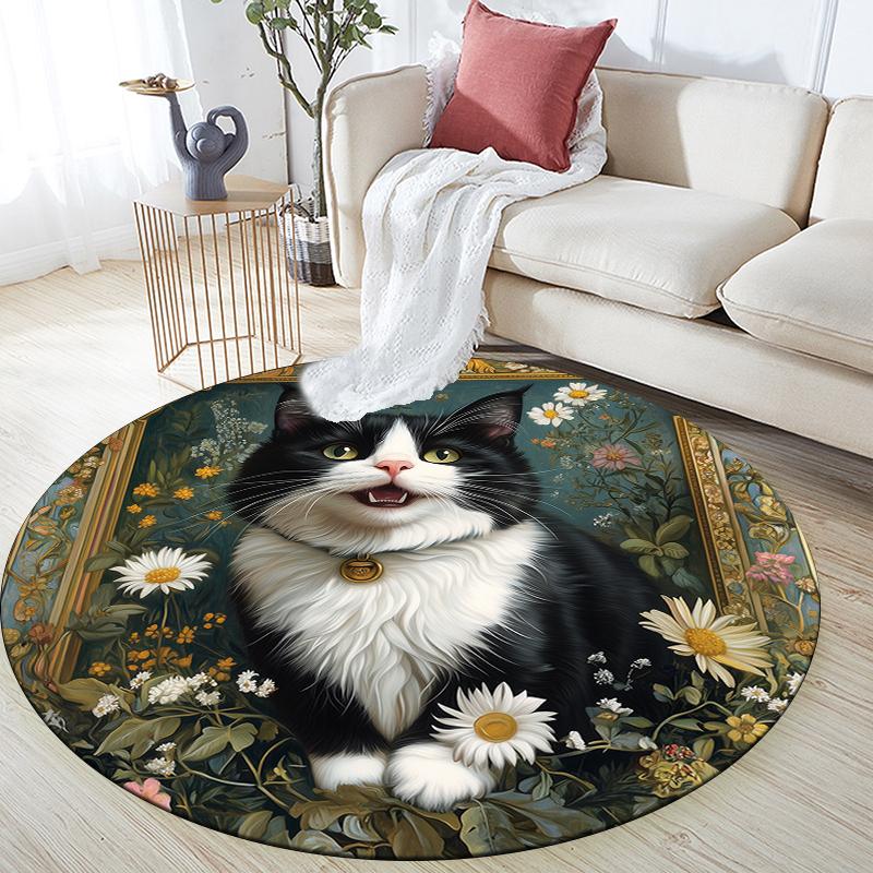 Tuxedo cat pattern round rug,Carpet Rug for Living Room Bedroom Playroom ,Non-slip Floor Mat,Holiday Gifts and Birthday Gifts.