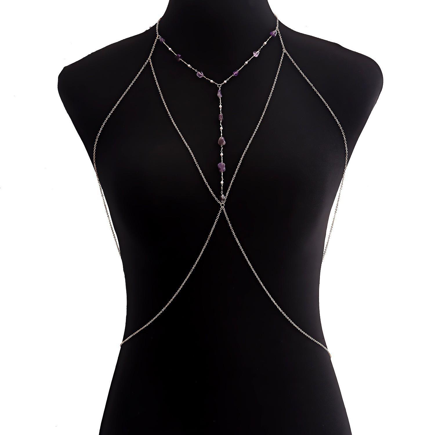 Sexy exaggerated beach casual body wear trim chain necklace, purple turquoise necklace chest chain.