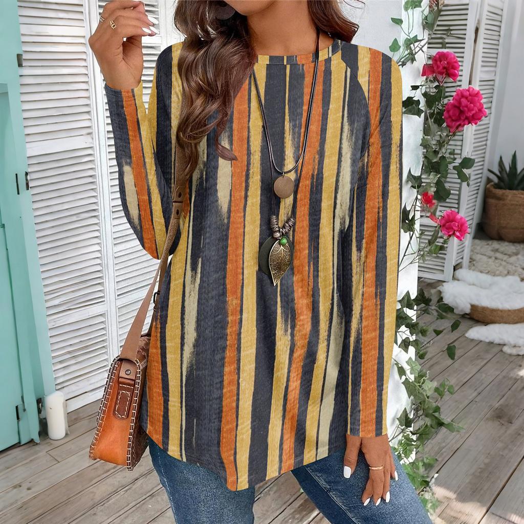 Women's Casual Plus SizeLong Sleeved Round Neck Vintage Ethnic Printing T-shirt Top Pullover