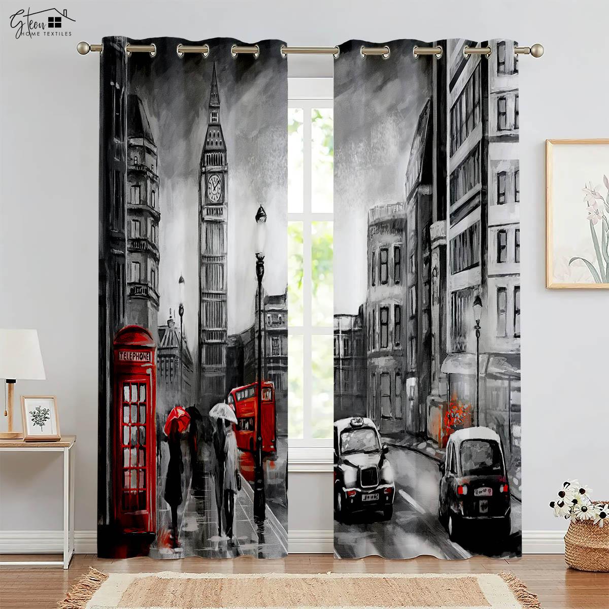 Ebenholz und Elfenbein Stadtgebäude 3D-Druck Vorhänge Gebäude Straßenansicht Karmesinroter Bus Gelbes Auto Einfache Zeitgenössische Dekorative Vorhänge W50xH130(CM)x2PCS&Grommet Top