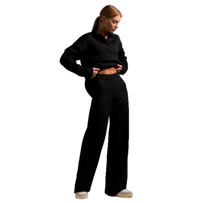 New Fall/Winter Women's Two-Piece Set Polo-Neck Knit Pullover and Wide-Leg Pants