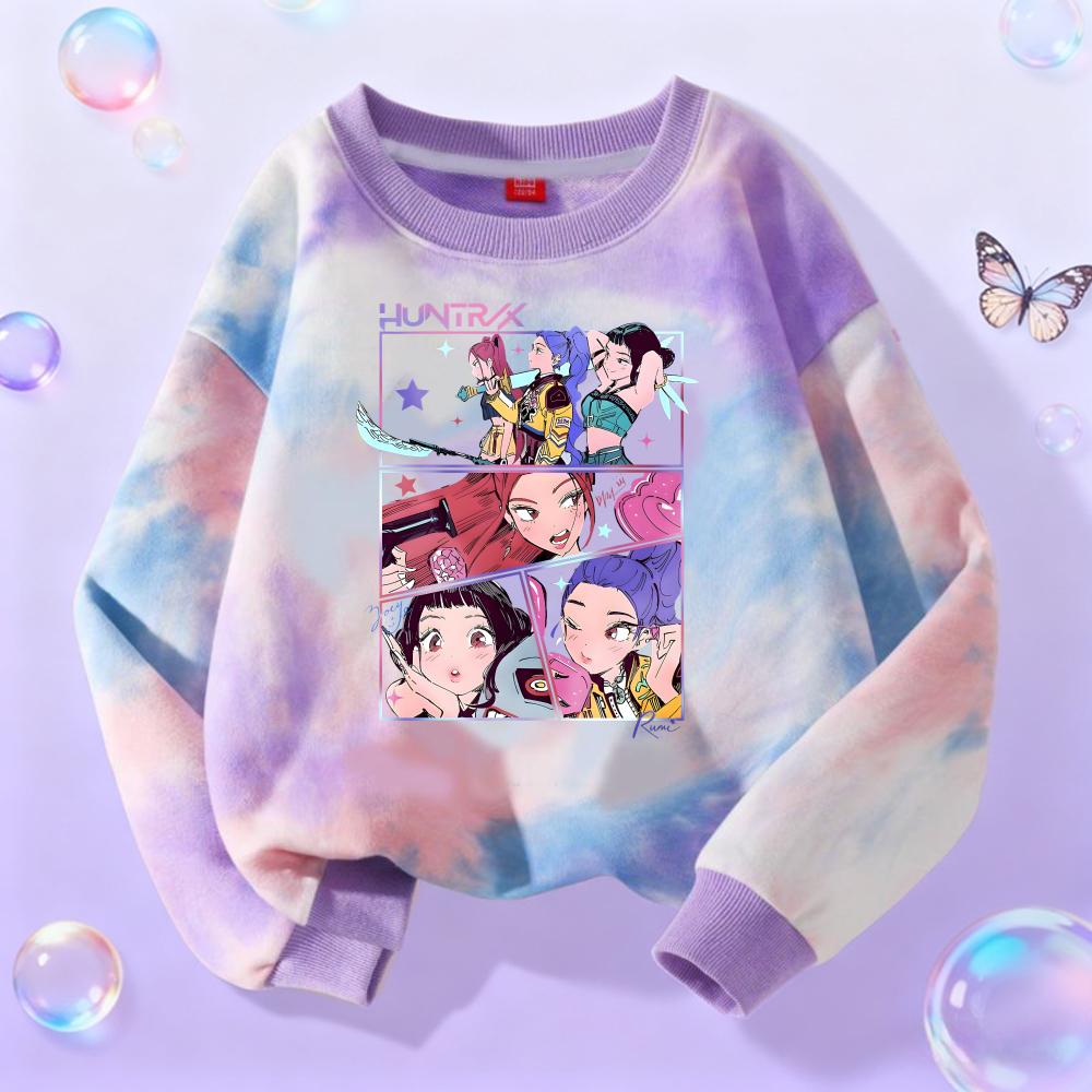 KPop Demon Hunters Long Sleeve Girls Trend Leisure Tops Anime Cartoon Spring Autumn Clothes Tie-dye Versatile Sweatshirt