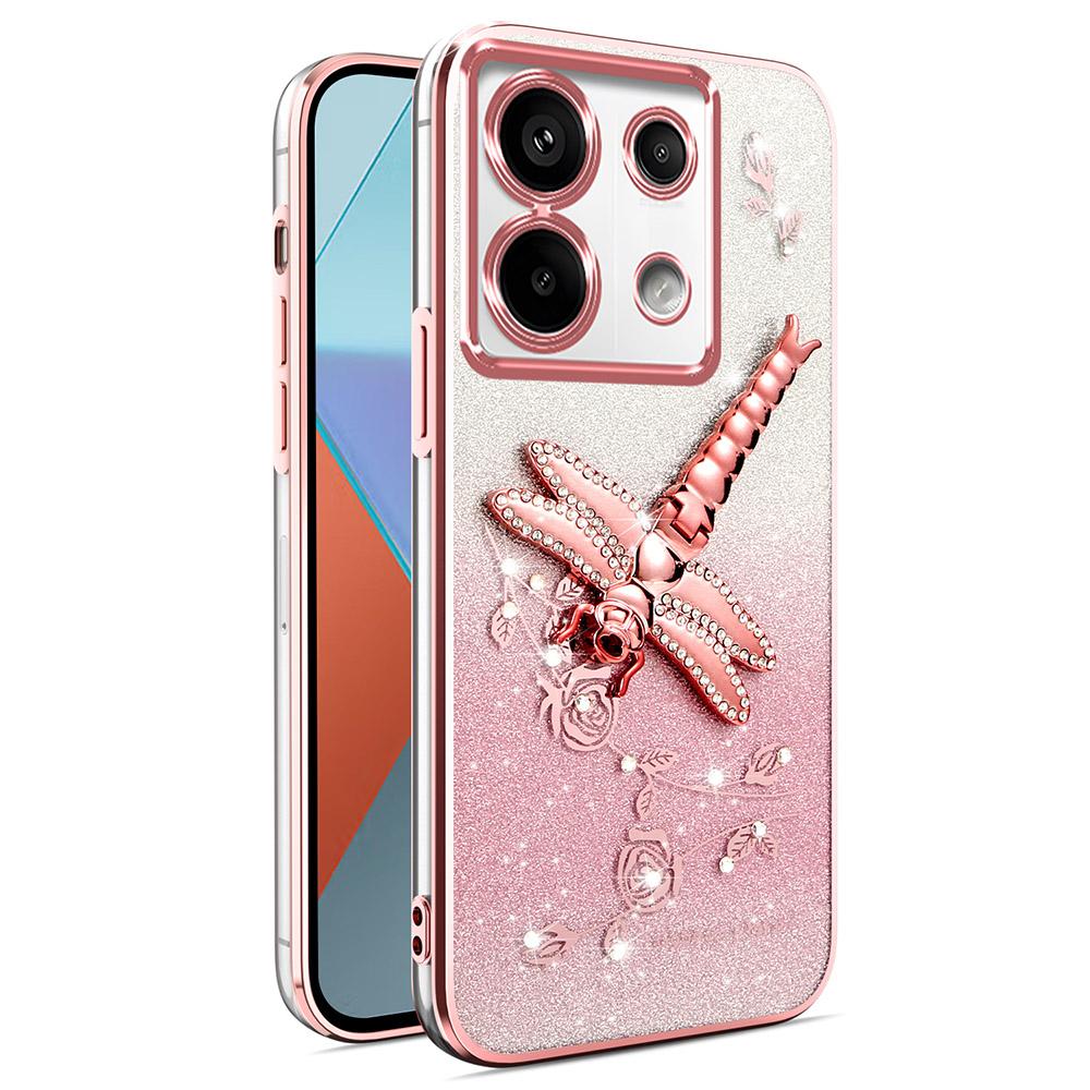 

KADEM For Xiaomi Redmi Note 13 Pro 5G Case Dragonfly Kickstand TPU Flowers Glitter Phone Cover Pink