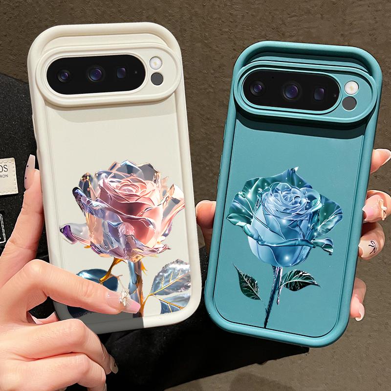 Crystal Rose Flower Print TPU Shockproof Case For Google Pixel 9 Pro XL 8 Pro 8A Lens Protection Matte Soft Phone Cover