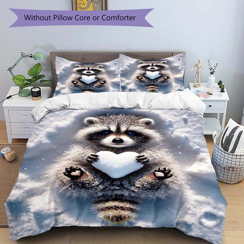 3pcs Raccoon Heart Snowflake Bedding Set - Includes One Quilt Cover and Two Pillowcases (No Core) - Anime Cartoon Design, Polyester Fabric,