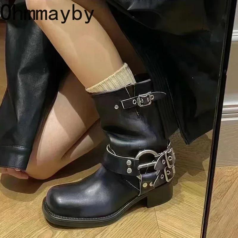 Winter Platform Cowboy Boots Women Shoes Slip On Mid Heel Bota Ladies Retro Mordern Bootties