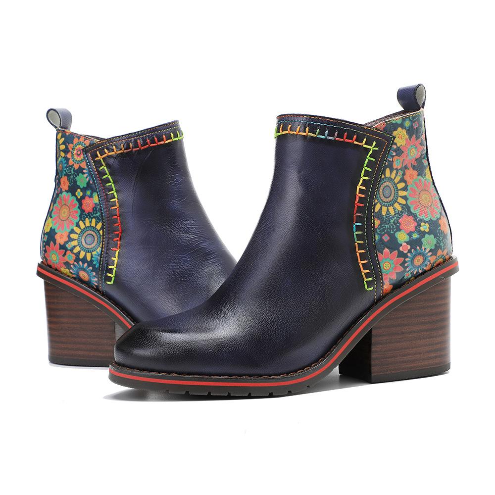 Johnature Genuine Leather Women Shoes Thick Heeled Short Boots  Round Toe Patchwork Handmade Ankle Boots