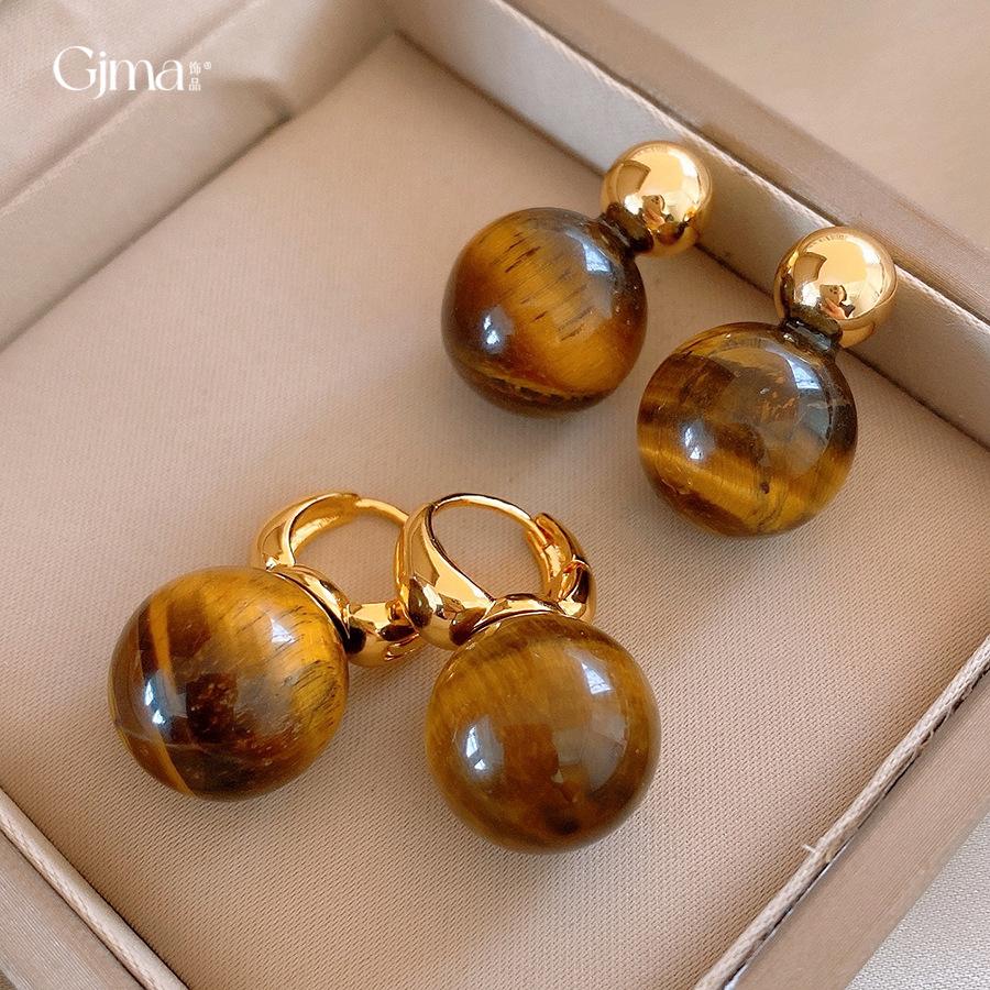 Maillard Retro Round Tiger's Eye Stone Earrings, Ear Buckles, European and American Simple Personalized Earrings, Women