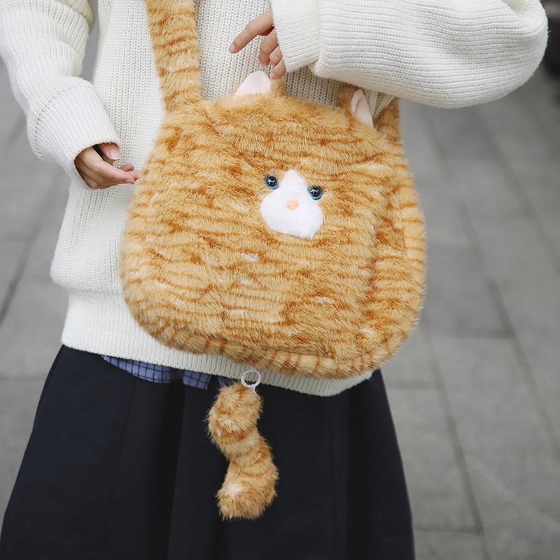 Cute plush cat messenger bag portable new female style girl soft cute fluffy large capacity shoulder bag